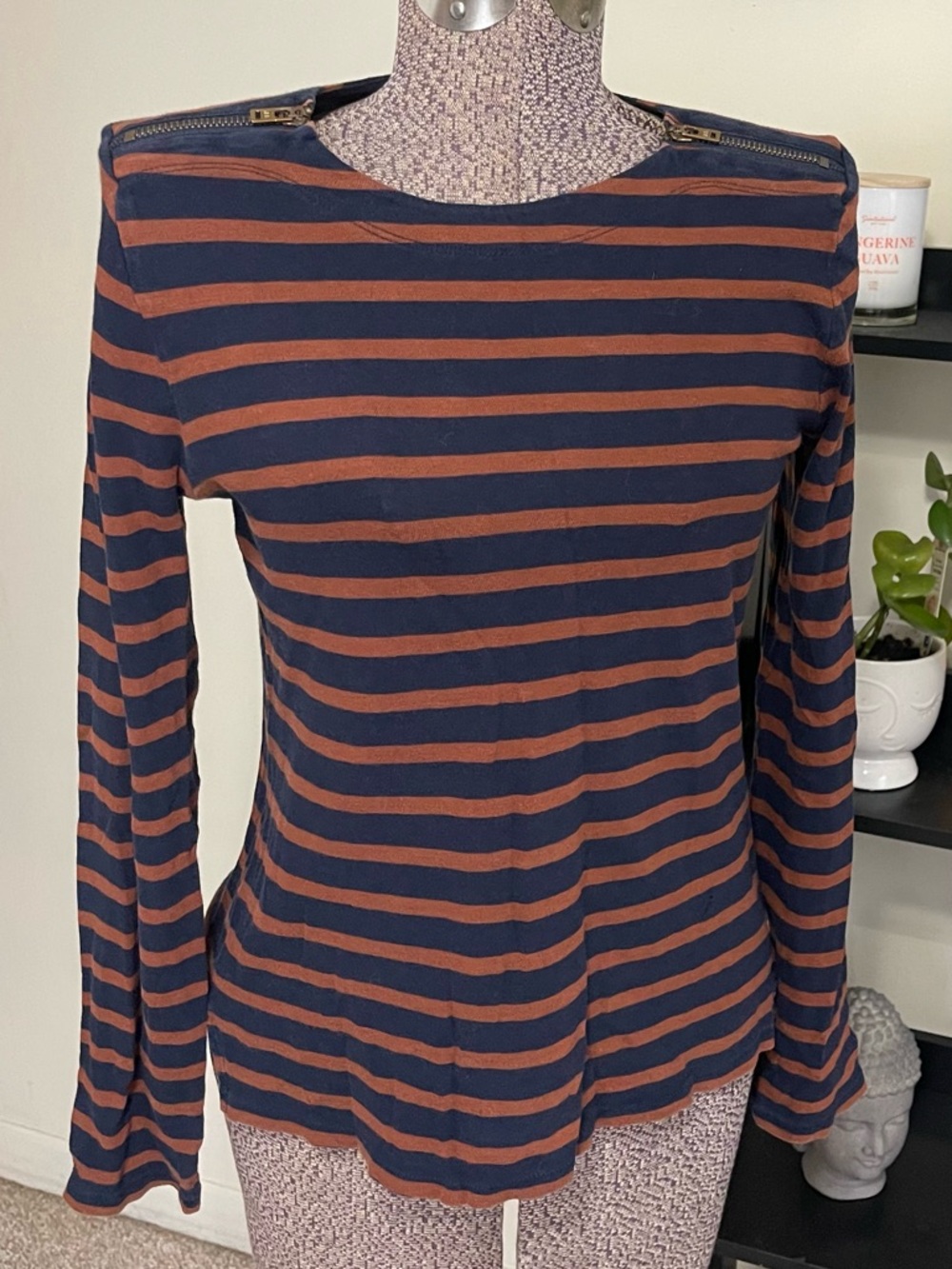 J. Crew Navy and Rust Striped Long-Sleeve Tee with Zip-Shoulder Detail